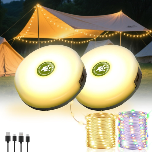 2Pack Camping String Lights, 4-in-1 Quick Storage Camp Light, 8Mode 32.8FT Hanging Tent Rechargeable Lamp