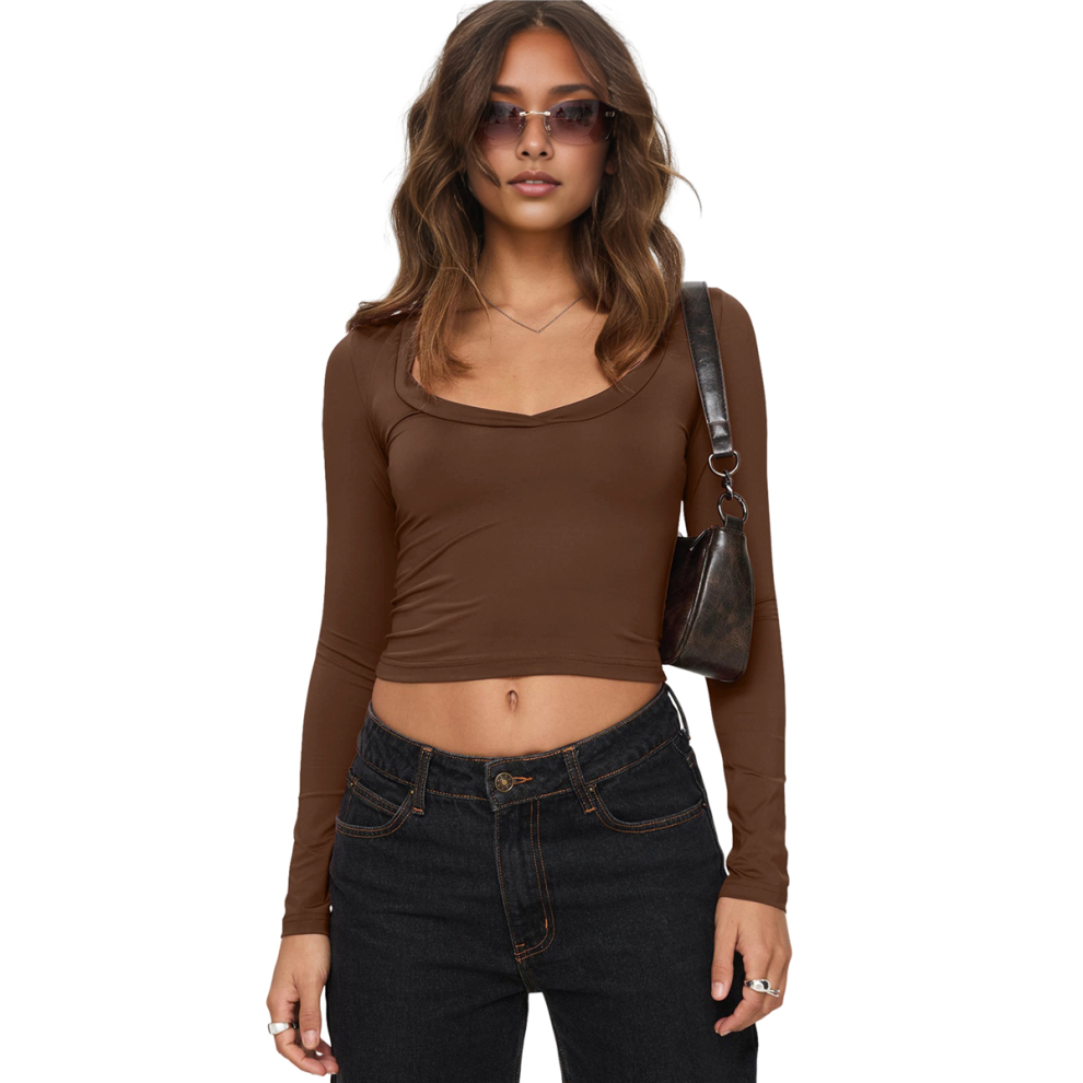 Haut court à manches longues pour femme, haut d'entraînement, de sport, de sport, sweat-shirt court, couleur café, taille S