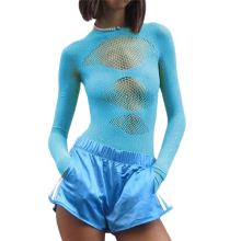 Macacão feminino de malha transparente com mangas compridas e collant azul tamanho único