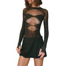 Macacão feminino de malha transparente com mangas compridas e collant preto tamanho único