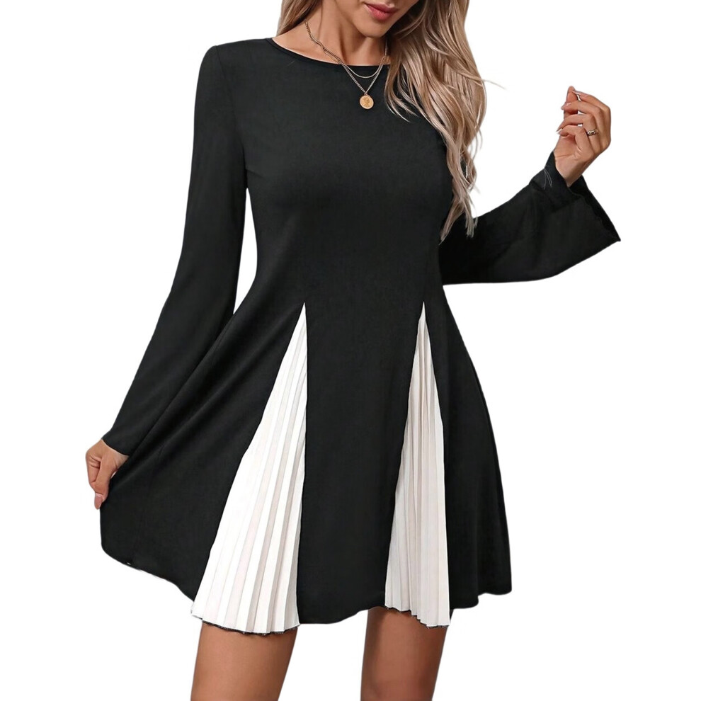 Robe bouffante à volants et blocs de couleurs pour femmes, col ras du cou, manches longues, texturée, noir et blanc, M