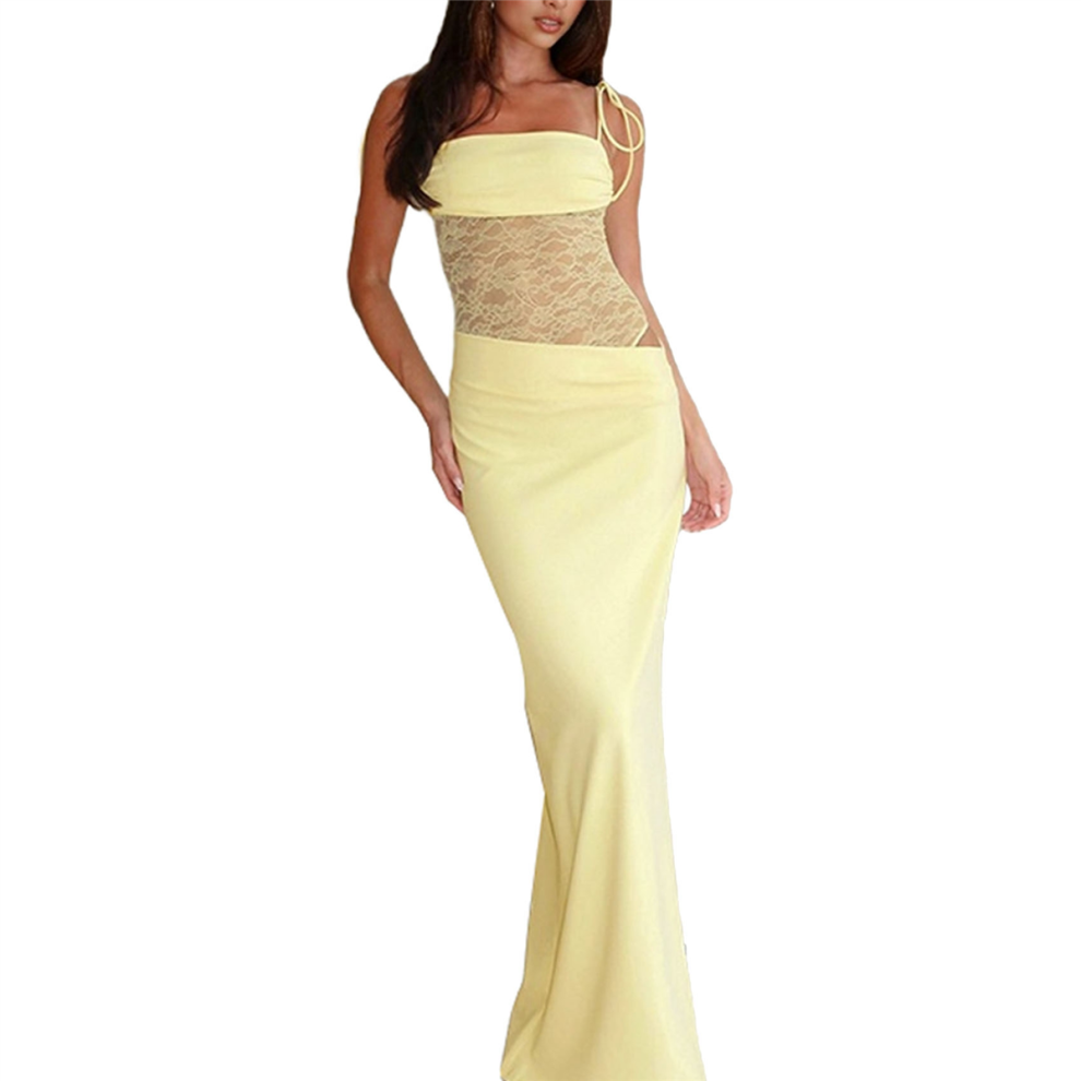 Vestido Largo Ajustado Sin Mangas Con Escote Cuadrado Y Encaje Para Mujer, Con Corsé Transparente, Color Amarillo Claro, Talla Xs-image