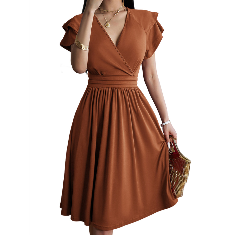 Robe mi-longue d'été 2025, col en V, robe trapèze ajustée et évasée, style cocktail, mariage, marron clair, taille S