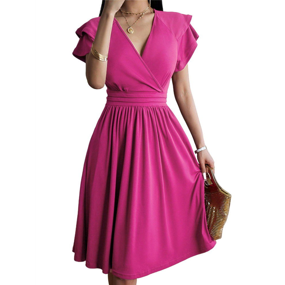 Robe mi-longue d'été 2025, col en V, robe de cocktail, robe trapèze ajustée et évasée, rose, taille M