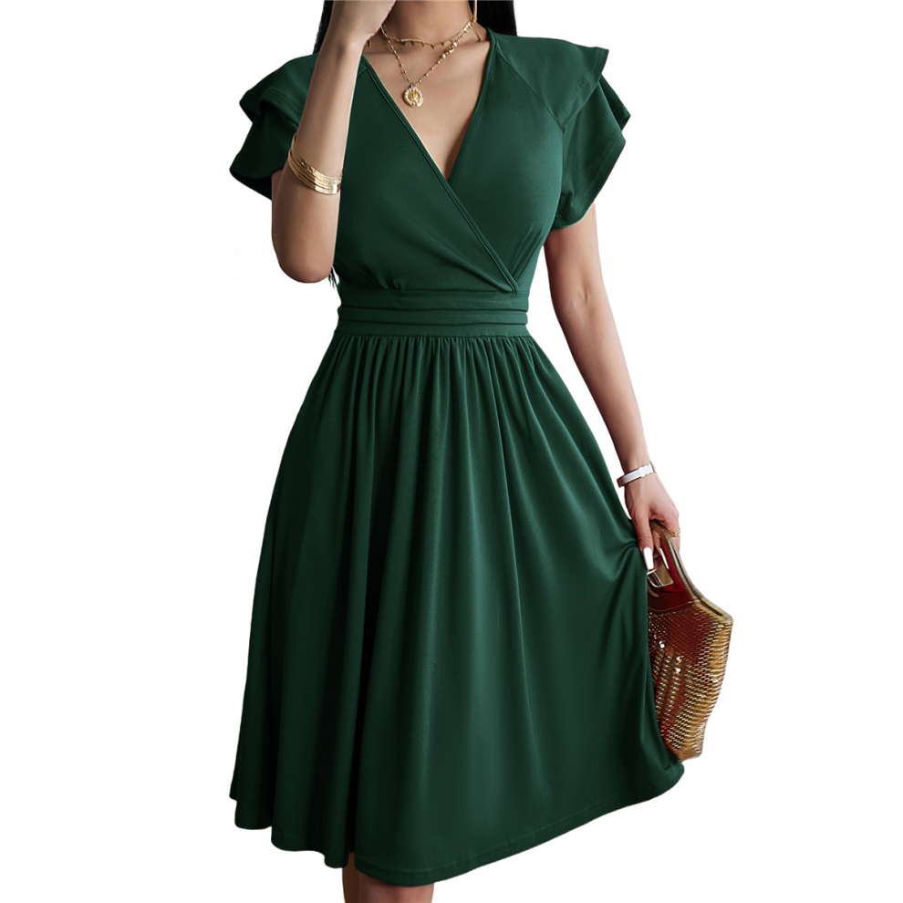 Vestido Midi De Verano 2025 Primavera Cuello En V CóCtel Invitada De Boda LíNea A Vestidos Ajustados Y Acampanados Verde M-image