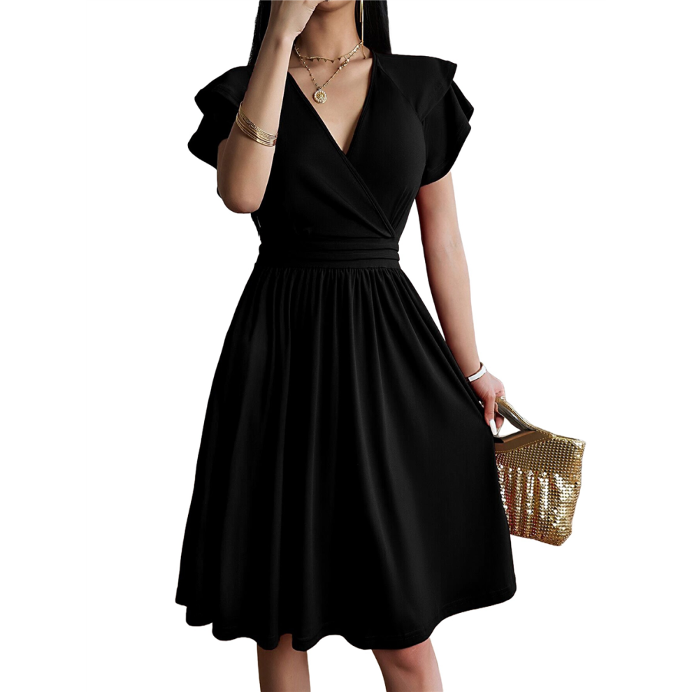 Robe mi-longue d'été 2025, col en V, robe de cocktail, robe trapèze, ajustée et évasée, noire, taille L
