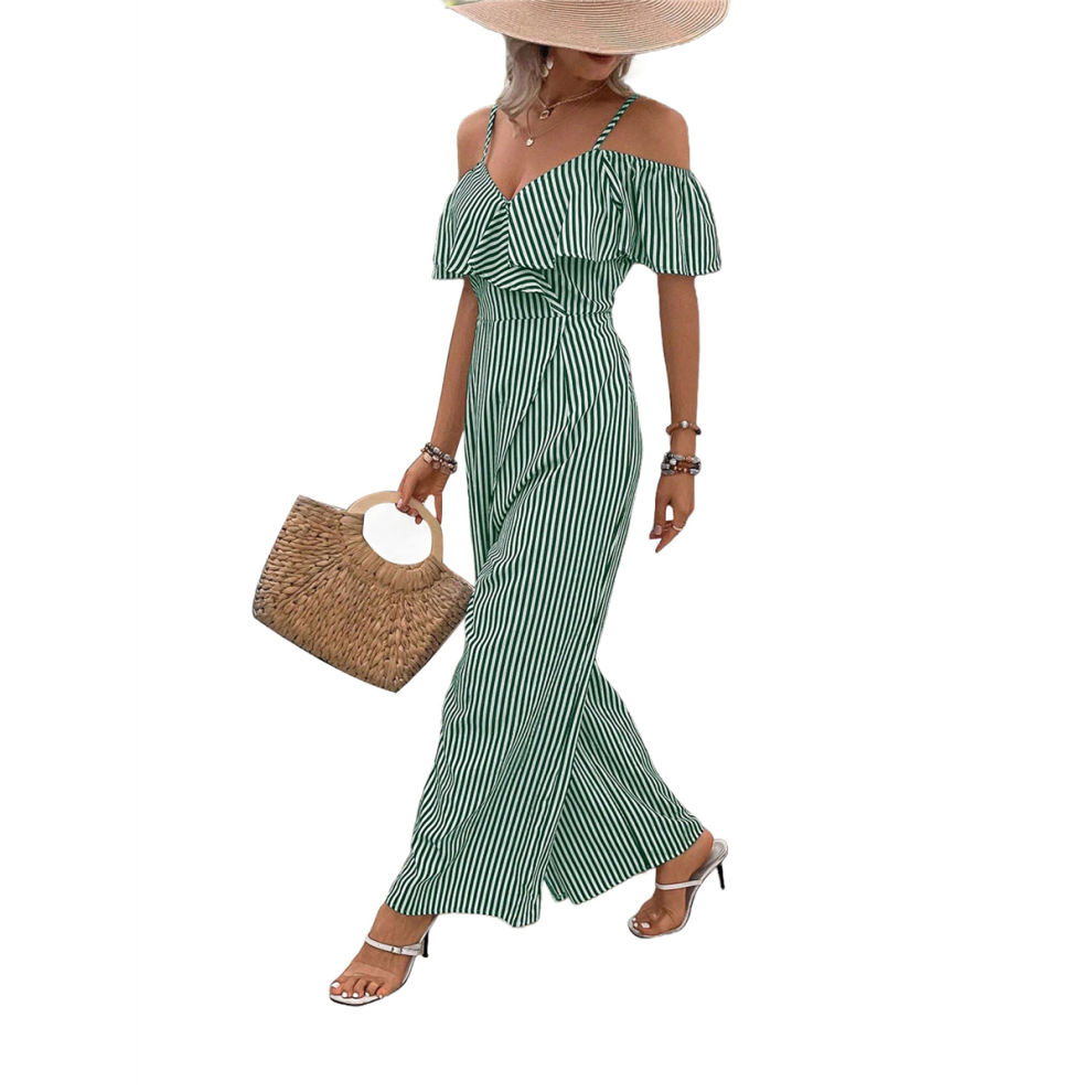 Women Striped Pleated Jumpsuits Dressy Summer Suspender Wide Leg Pants Rompers Overalls Green L-image-OPC-PHDQCJN-NEW