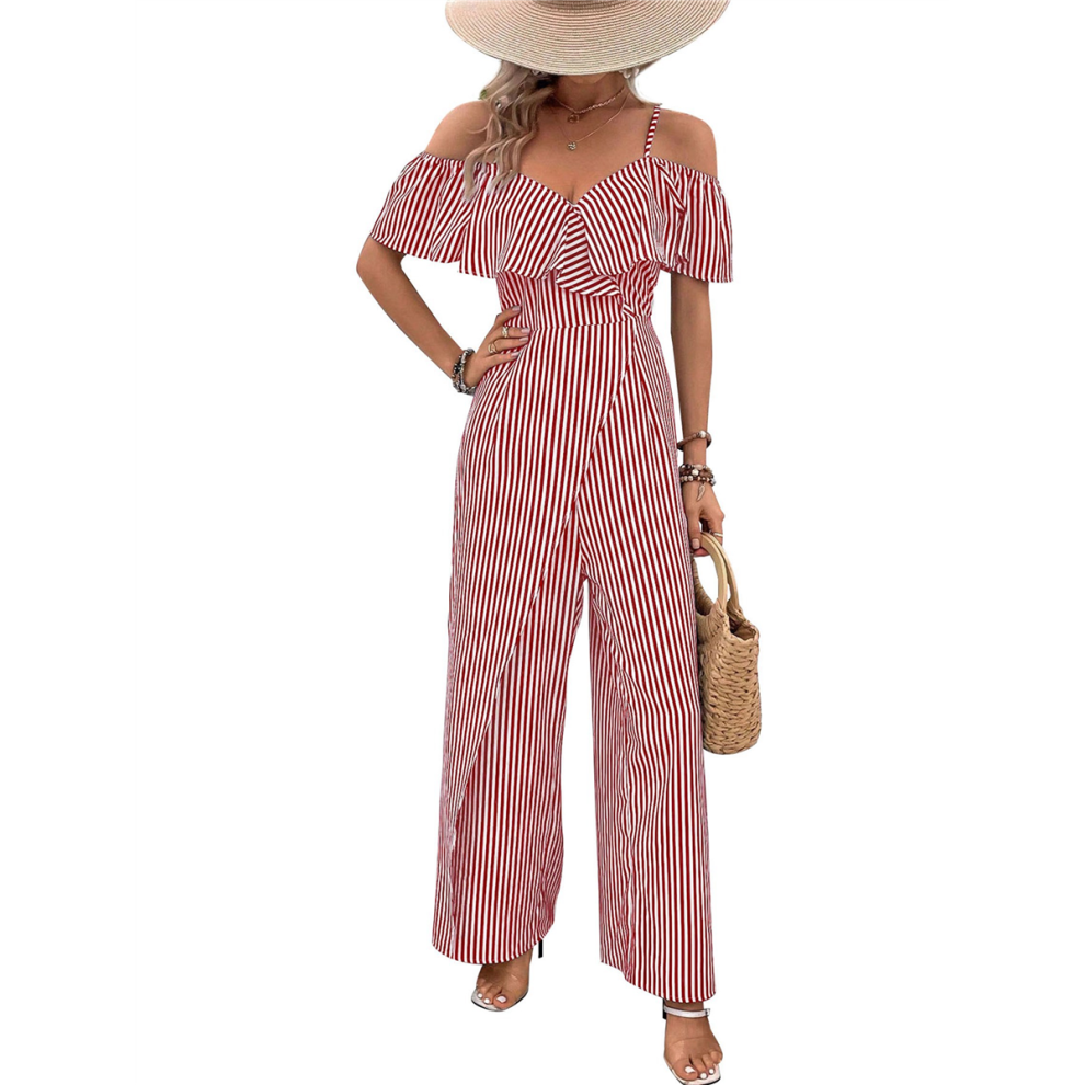 Women Striped Pleated Jumpsuits Dressy Summer Suspender Wide Leg Pants Rompers Overalls Wine Red S-image-OPC-PHDQCJT-NEW