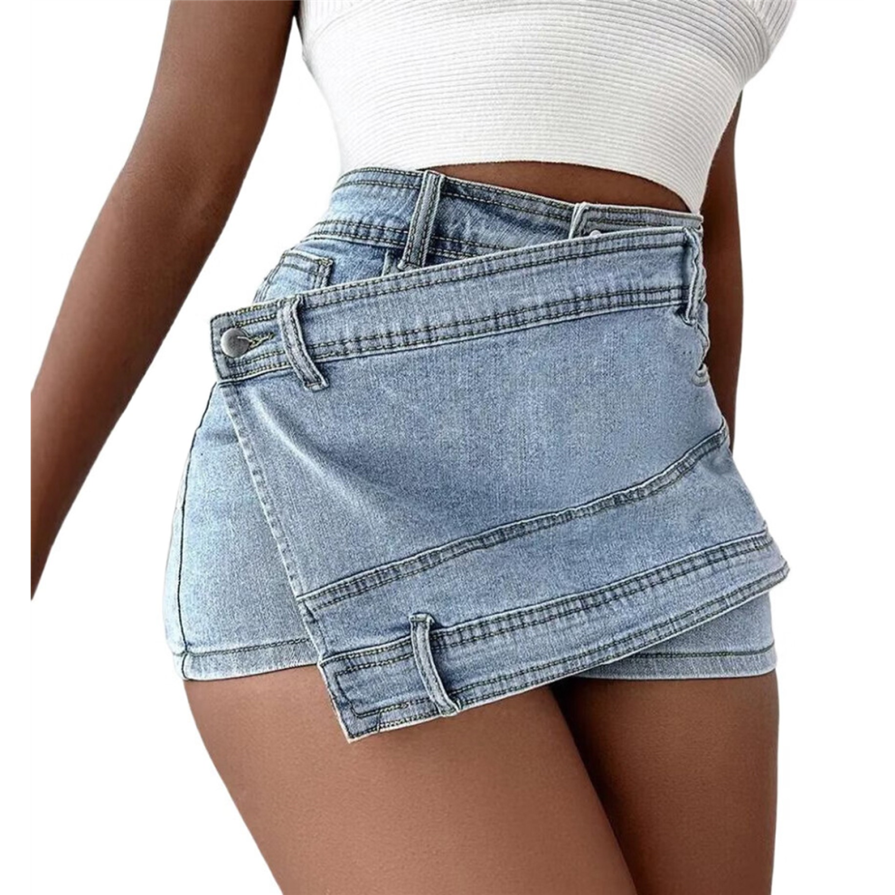 Jupe-short sexy en jean pour femme, taille haute, asymétrique, mini, bleu clair, taille S