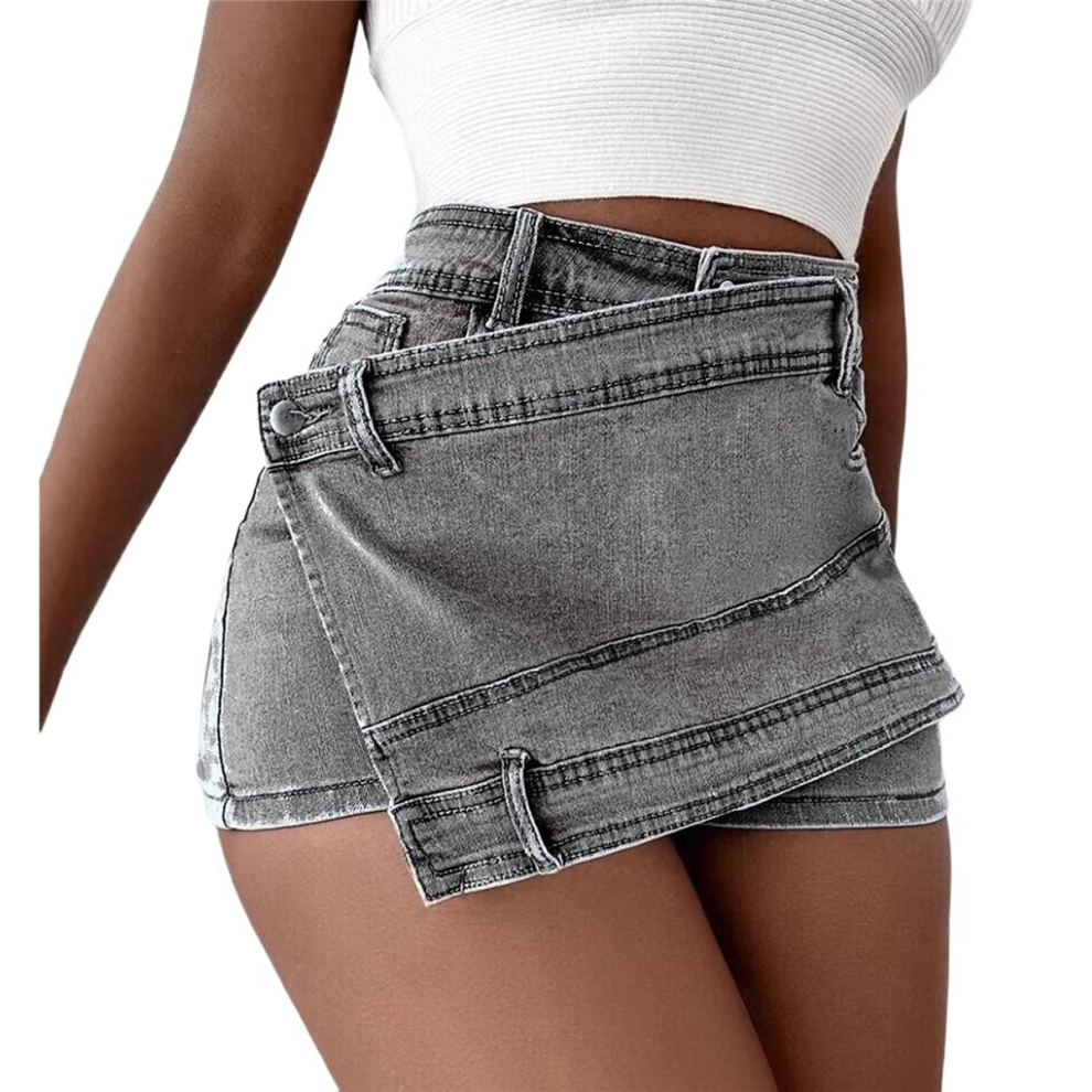 Jupe-short sexy en jean pour femme, taille haute, asymétrique, courte, mini, grise, taille L