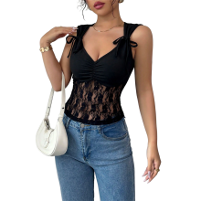 Kanten tops voor vrouwen V-hals camisole top mouwloos cropped Y2k tanktop uitgaansoutfits trendy zwart maat S
