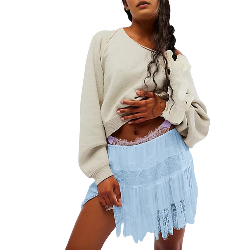 Damen Y2K Halbsliprock Low Rise Plissee RüSchen Spitzenbesatz Mehrlagiger FließEnder Kurzer Rock Unterrock Hellblau Xxl-image