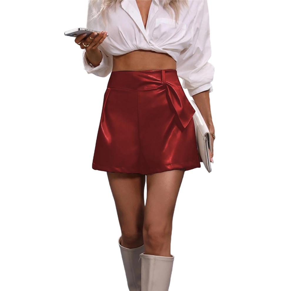 Jupes en cuir pour femmes, short taille haute en PU, taille élastique, jupe portefeuille froncée, rouge vin, taille XXL