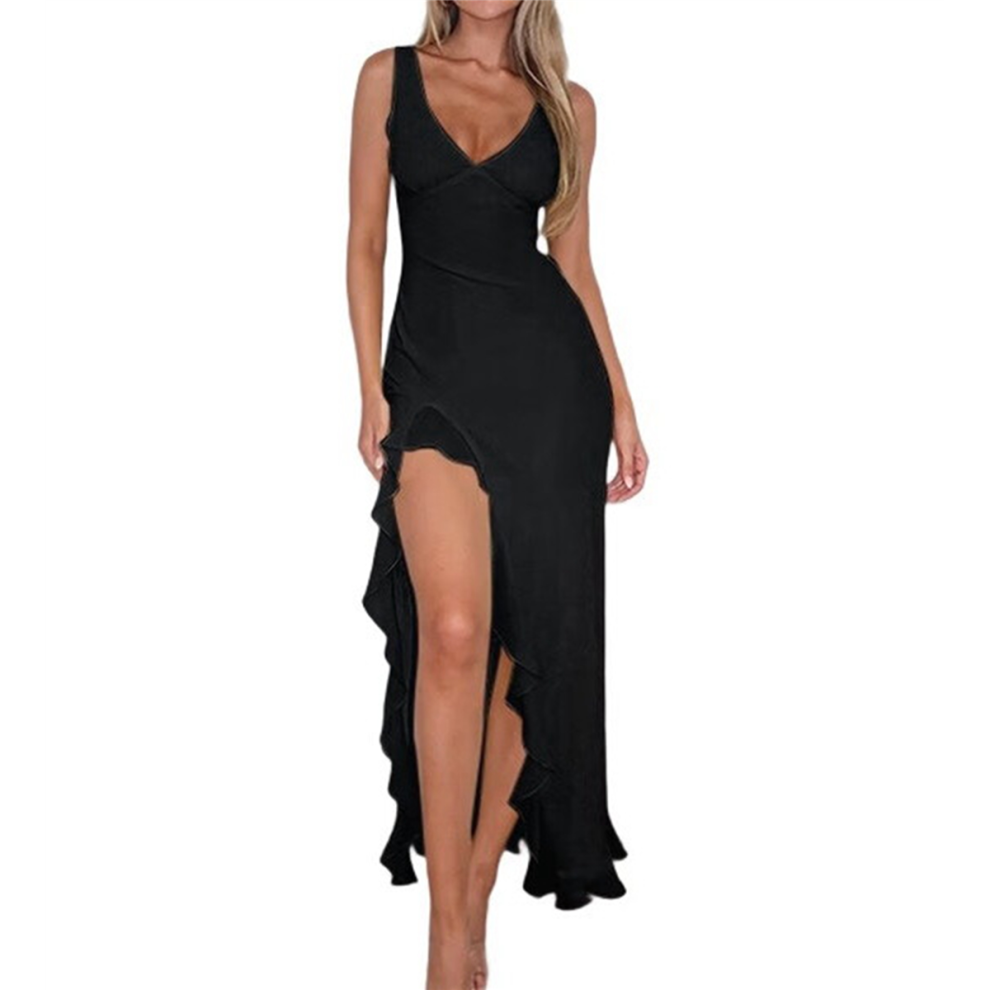 Robe de cocktail moulante sans manches à col en V et ourlet à volants pour femme, décontractée, dos nu, fente haute, noire, taille S