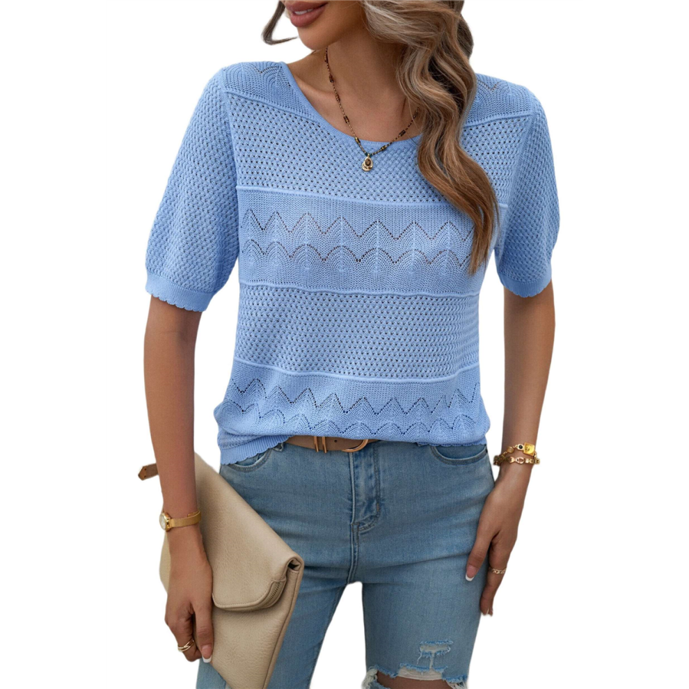 Pull à manches courtes pour femme, haut décontracté, col rond, tricot côtelé, tendance, à œillets, printemps-été 2025, bleu, taille S