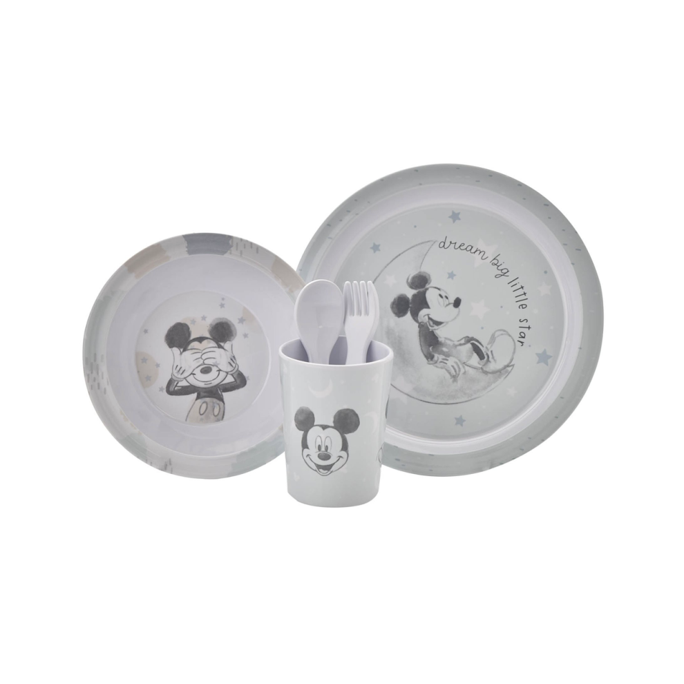 Mickey Baby 5 Piece Melamine Feeding Set Cup Bowl Plate Cutlery Blue Disney
