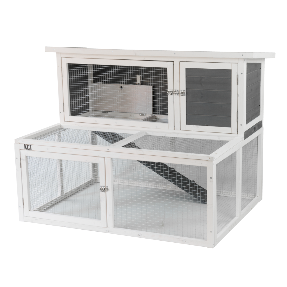 KCT Ancona 4ft Wooden Rabbit Hutch with Extended Run Grey 2 Tier Double Outdoor Pet Shelter House Cage for Small Animals, Bunny, Guinea Pig, Ferret
