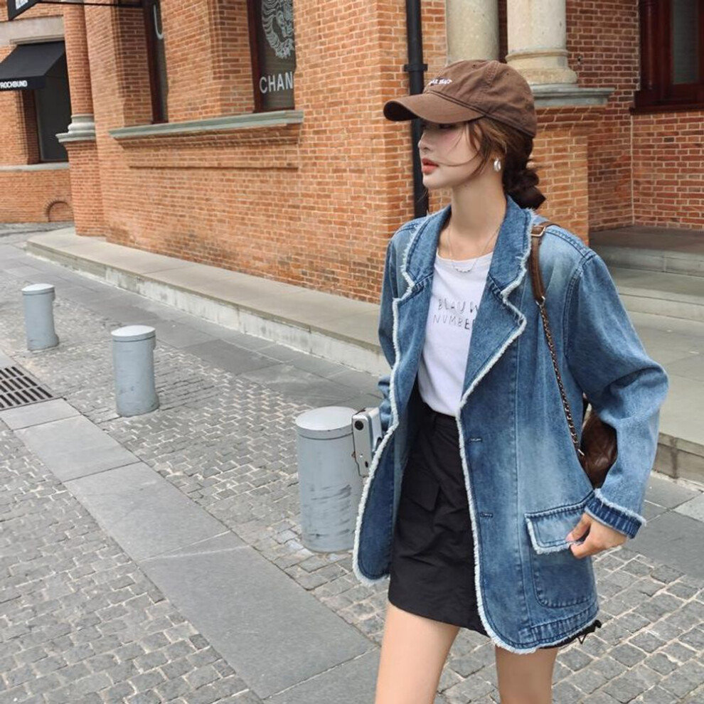 (as the picture, M) Spring And Autumn New American Retro Washed Denim Jacket Women's Korean Style Loose Casual Suit Collar Long Sleeve Top