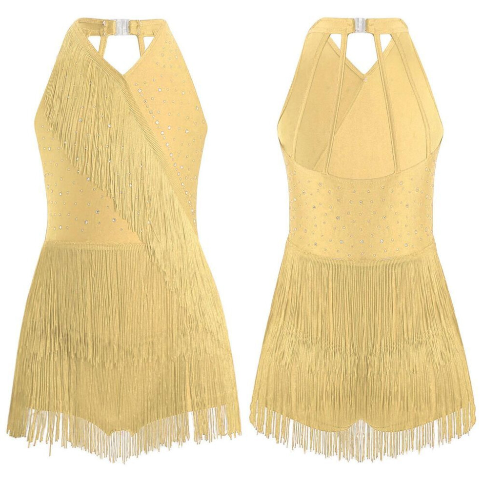 (yellow, 9-10 Years) Kids Girls Latin Leotard Dress Dance Costume Rhinestones Fringe Bodysuit Skirted Dress Halter V-neck Sleeveless Tassel Jumpsuit