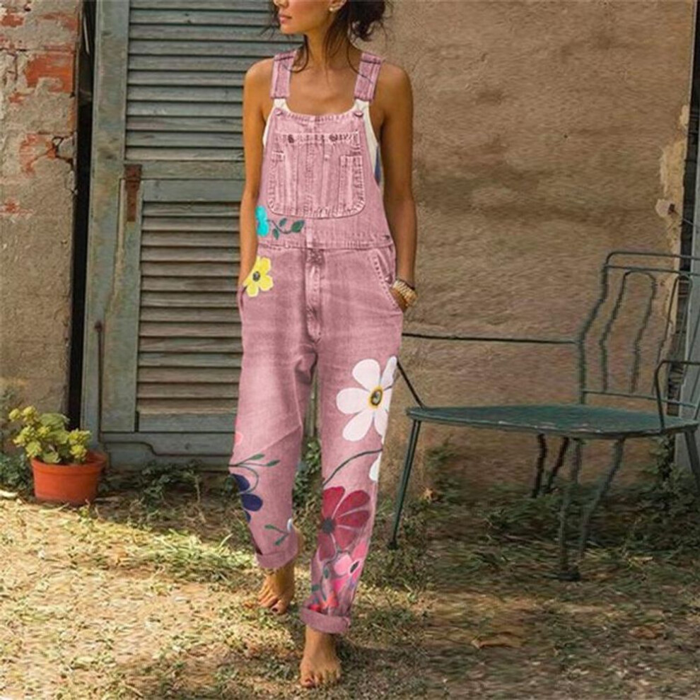 (2XL, pink) Women's Spring And Summer Denim Jumpsuits Flower Printed Overalls Loose Casual Long Pants Plus Size Xs-6xl