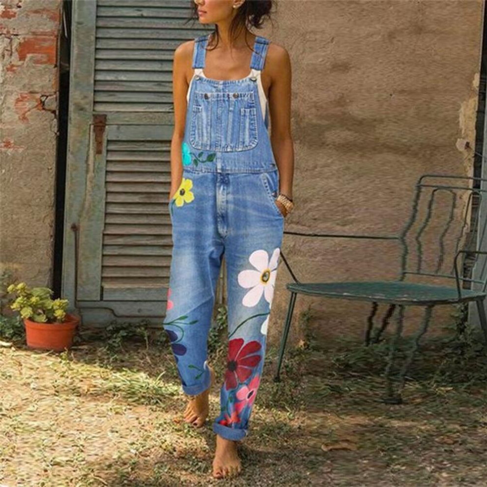 (S, light blue) Women's Spring And Summer Denim Jumpsuits Flower Printed Overalls Loose Casual Long Pants Plus Size Xs-6xl