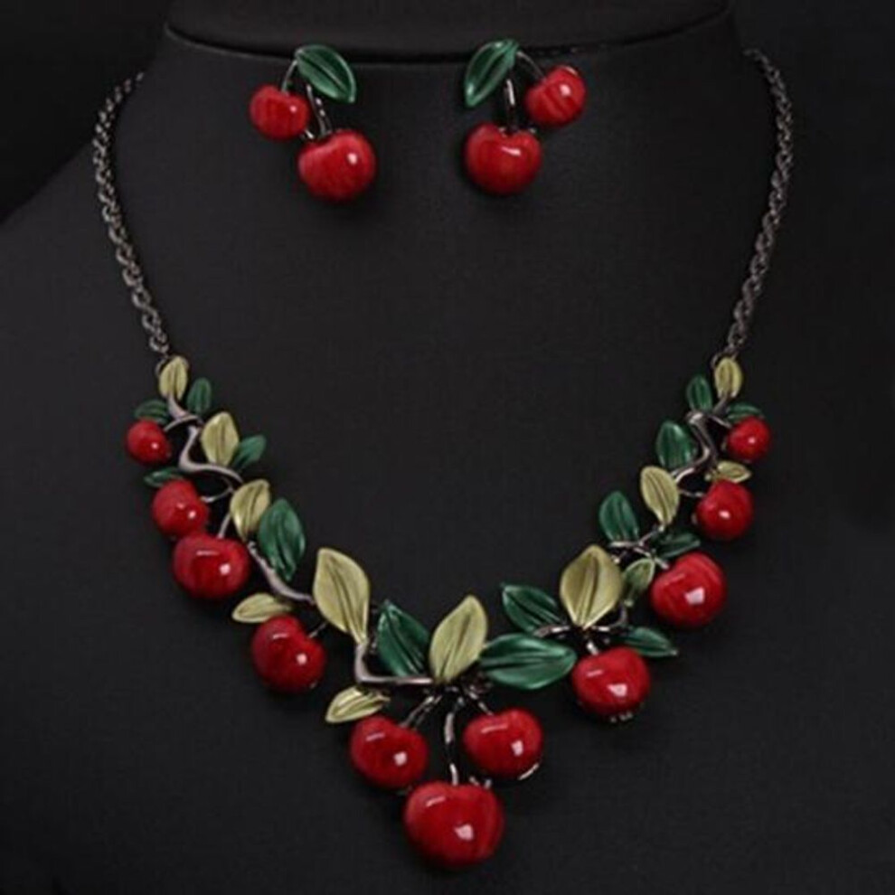 1 Set Vintage Red Cherry Fruit Jewelry Set Chic Bridal Necklace Earrings