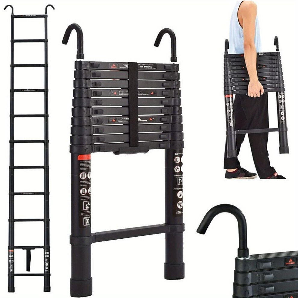 Telescoping Extension Attic Ladder With 2 Roof Hooks, 3.2meter Aluminum Lightweight Telescopic Collapsible Ladder, Portable
