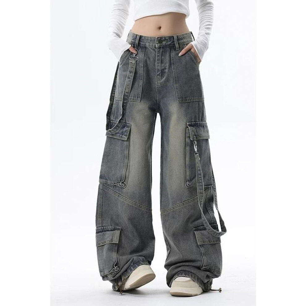 (blue, M) Women Blue Jeans Cargo Pants Streetwear High Waist American Wide Leg Pants Fashion Y2k Style Female Winter Straight Trousers