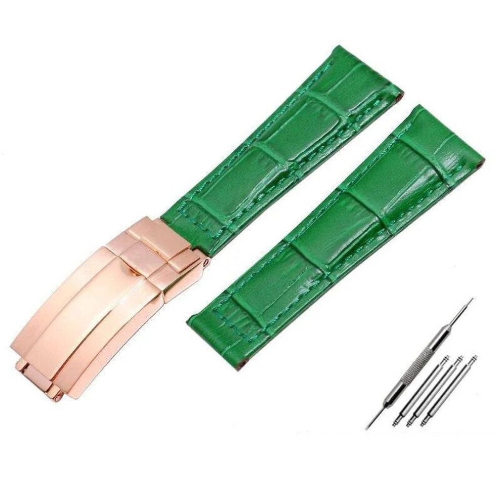 (Green-rose gold  20mm With logo) Crocodile Pattern Genuine Leather Watchbands 20mm For Rolex Watch Strap Daytona Submariner Gmt Rx Bracelet Folding Buckle