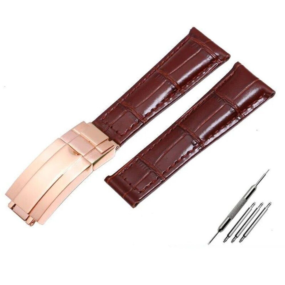 (Brown-rose gold  20mm With logo) Crocodile Pattern Genuine Leather Watchbands 20mm For Rolex Watch Strap Daytona Submariner Gmt Rx Bracelet Folding Buckle