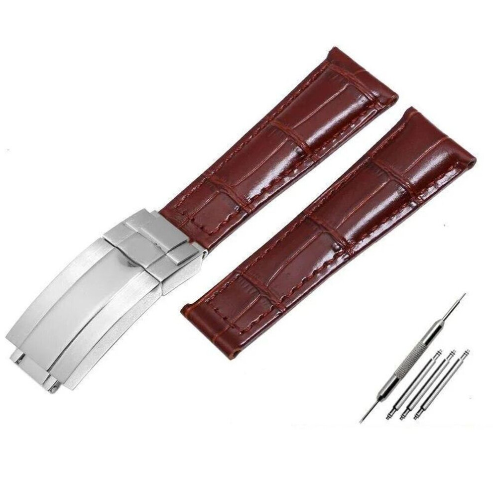 (Brown-silver  20mm With logo) Crocodile Pattern Genuine Leather Watchbands 20mm For Rolex Watch Strap Daytona Submariner Gmt Rx Bracelet Folding Buckle