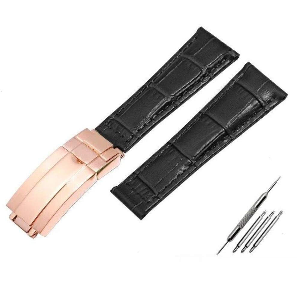 (Black-rose gold  20mm With logo) Crocodile Pattern Genuine Leather Watchbands 20mm For Rolex Watch Strap Daytona Submariner Gmt Rx Bracelet Folding Buckle