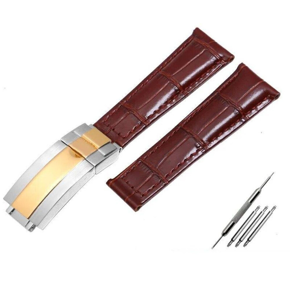 (Brown-silver gold  20mm With logo) Crocodile Pattern Genuine Leather Watchbands 20mm For Rolex Watch Strap Daytona Submariner Gmt Rx Bracelet Folding Buckle