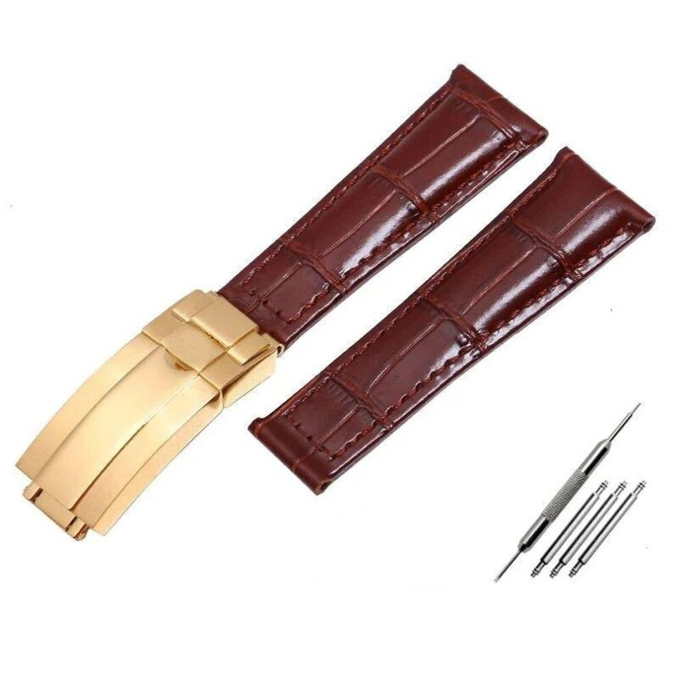 (Brown-gold  20mm With logo) Crocodile Pattern Genuine Leather Watchbands 20mm For Rolex Watch Strap Daytona Submariner Gmt Rx Bracelet Folding Buckle