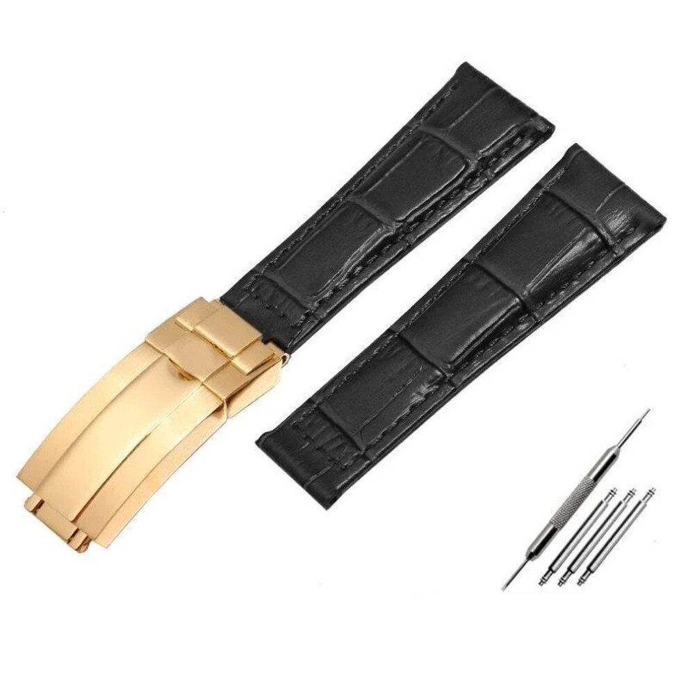 (Black-gold  20mm With logo) Crocodile Pattern Genuine Leather Watchbands 20mm For Rolex Watch Strap Daytona Submariner Gmt Rx Bracelet Folding Buckle