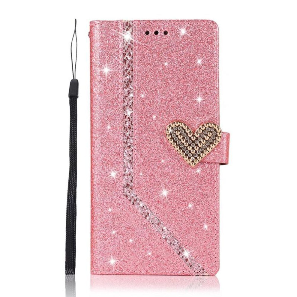 (pink, Samsung A50/A50S/A30S) Diamond Heart Glitter Powders Wallet Case With Card Slots Photo Frame For Iphone Samsung Huawei Stand Holder Flip Cases Cover