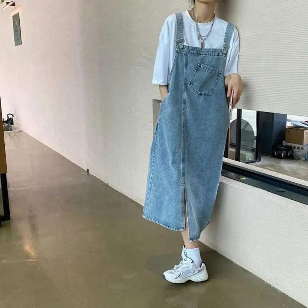 (as the picture, XL) Spring Summer Denim Overall Dress Women Sleeveless Jeans Dresses Fashion Female Solid Slip Casual Loose Spaghetti Strap Dresses