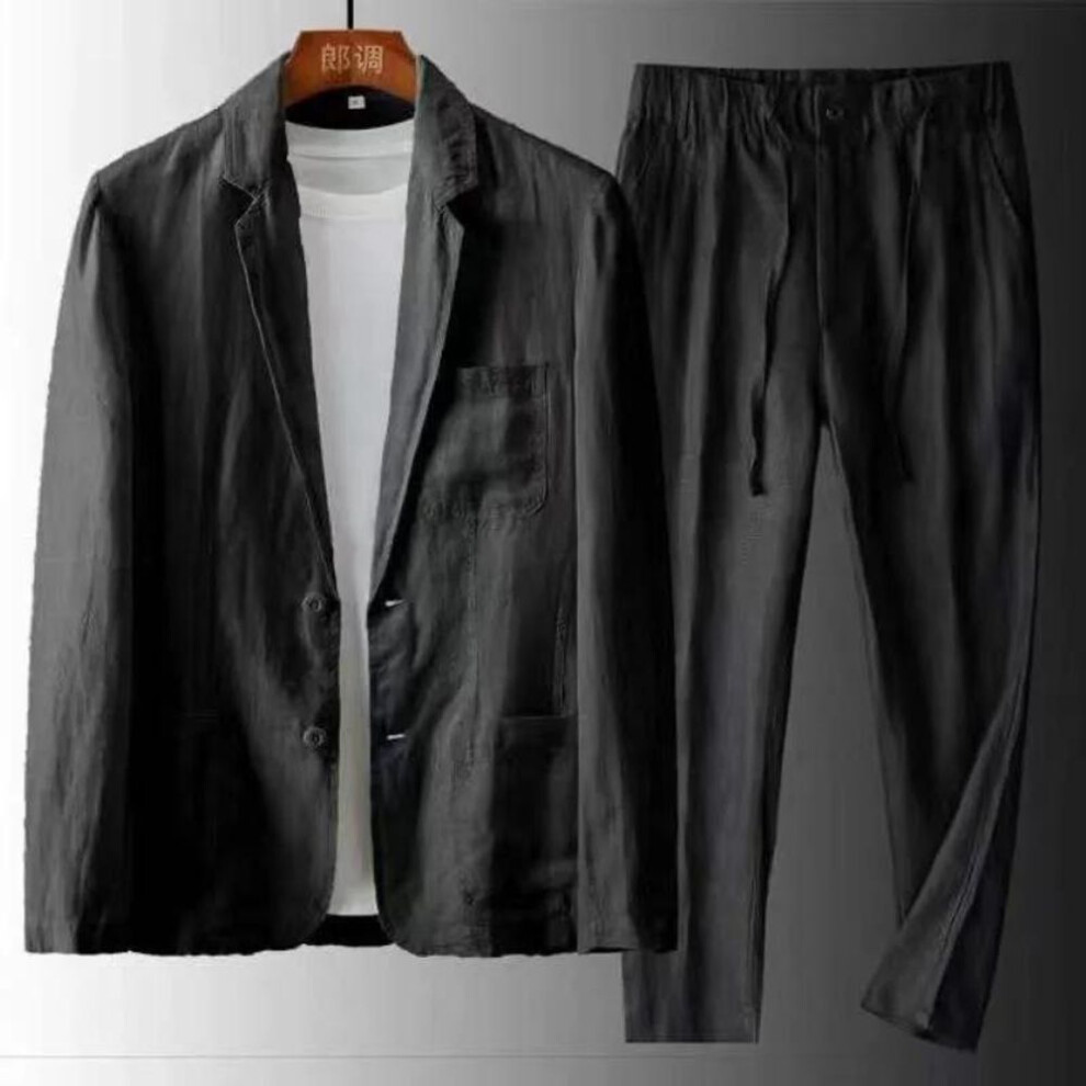 (L, black) Men's 2 Piece Set Linen Pocket Solid Breathable Casual Mens Suit Business Clothing Thin Jacket Prom Long Pants Blazer Outfits