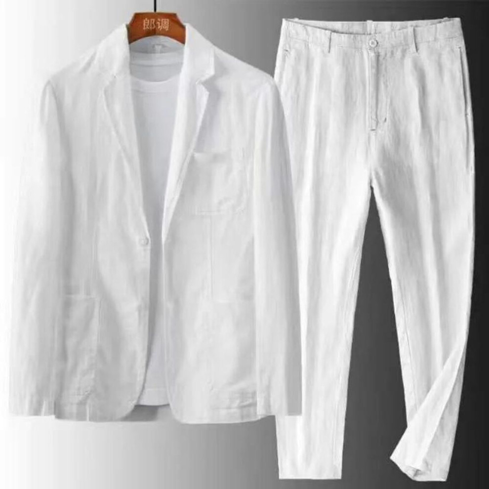 (XL, white) Men's 2 Piece Set Linen Pocket Solid Breathable Casual Mens Suit Business Clothing Thin Jacket Prom Long Pants Blazer Outfits