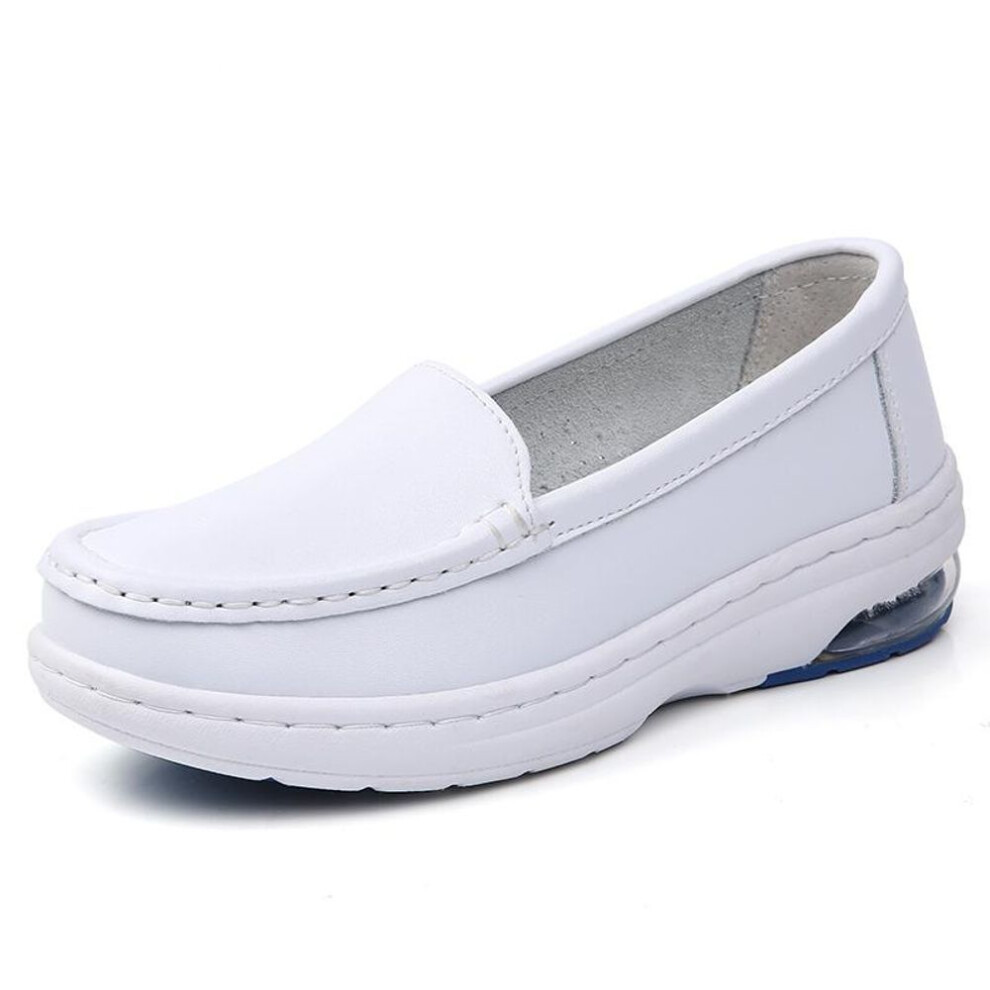 (white, 39) Women Soft Loafers Slip On Casual Elegant Summer Sneakers Breathable Leather Thick Sole Shoes
