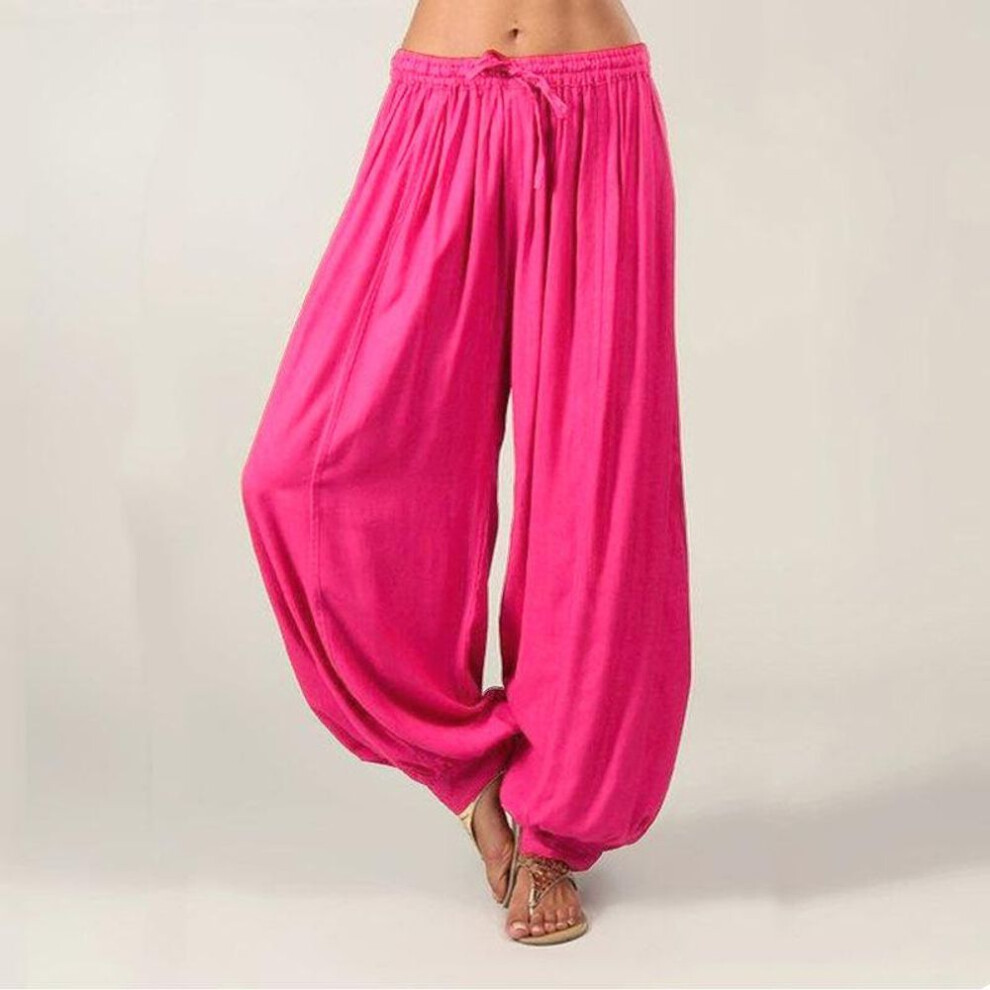 (rose red, M) Plus Size Women Harem Pants Casual Long Pant Solid Color Loose Baggy Yoga Pants Ladies Women Leisure Cotton Linen Trousers