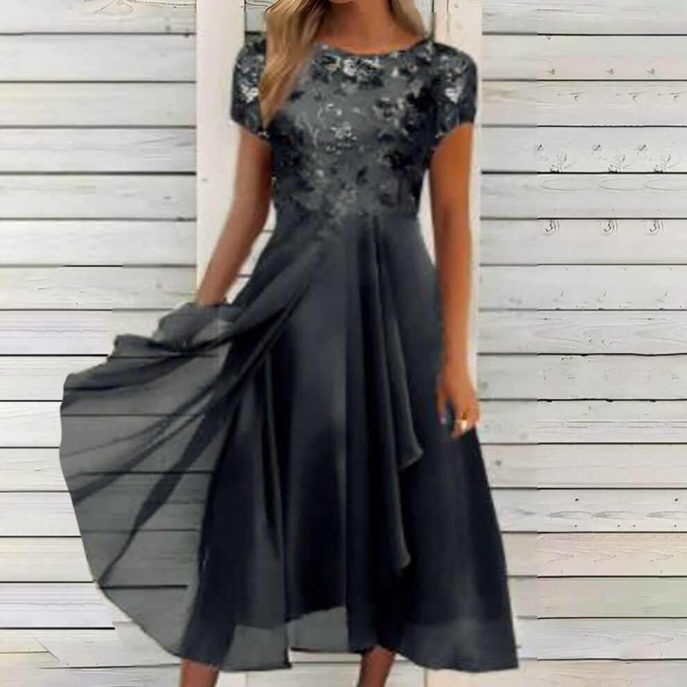 (black, XL) Women's Dress Chiffon Elegant Lace Patchwork Dress Cut-out Long Dress Bridesmaid Evening Dress