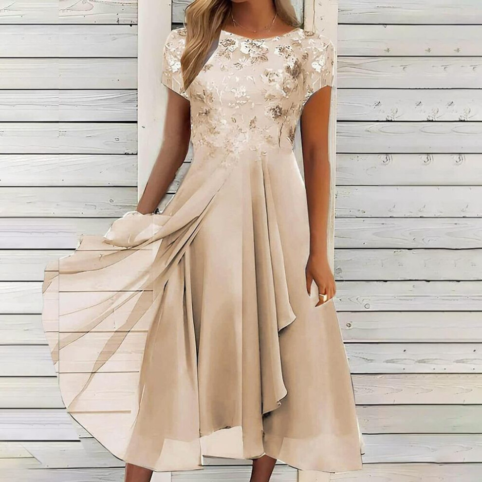 (gold, XXL) Women's Dress Chiffon Elegant Lace Patchwork Dress Cut-out Long Dress Bridesmaid Evening Dress
