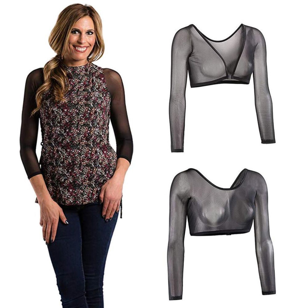 (XL, black) Women Both Side Wear Sheer Plus Size Seamless Arm Shaper Crop Top Shirt Blouses