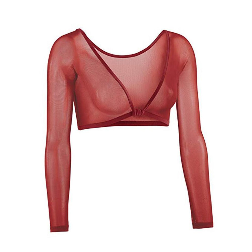 (M, red) Women Both Side Wear Sheer Plus Size Seamless Arm Shaper Crop Top Shirt Blouses