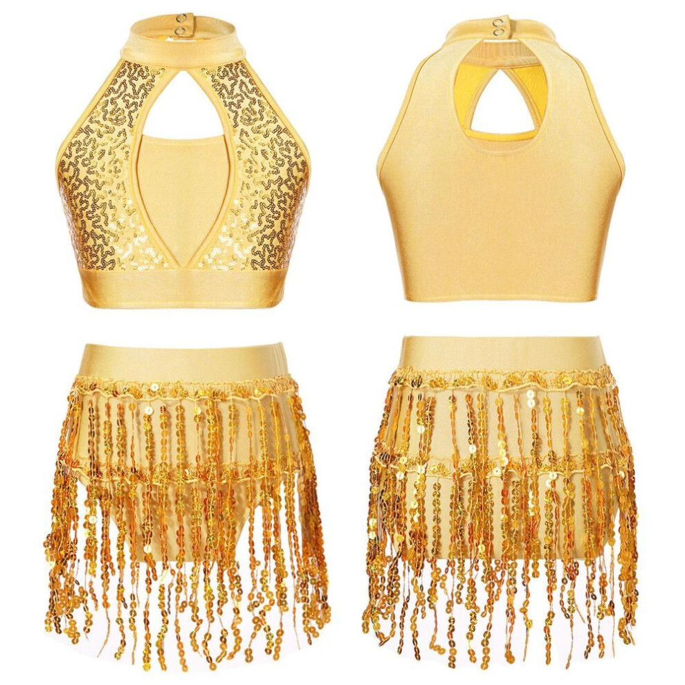 (yellow, 7-8 Years) Kids Girls Sequin Dance Outfit 2-piece Set Halter Crop Top With Tutu Shorts Suit For Jazz Latin Samba