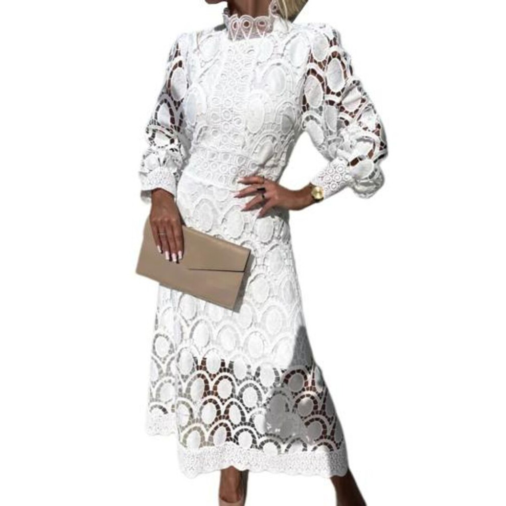 (white, M) Women Dress Hollow Out Lace Stand Collar Bubble Sleeve Tight Waist See-through Double-layer Ankle Length Solid Color Ol Commute Maxi Dress