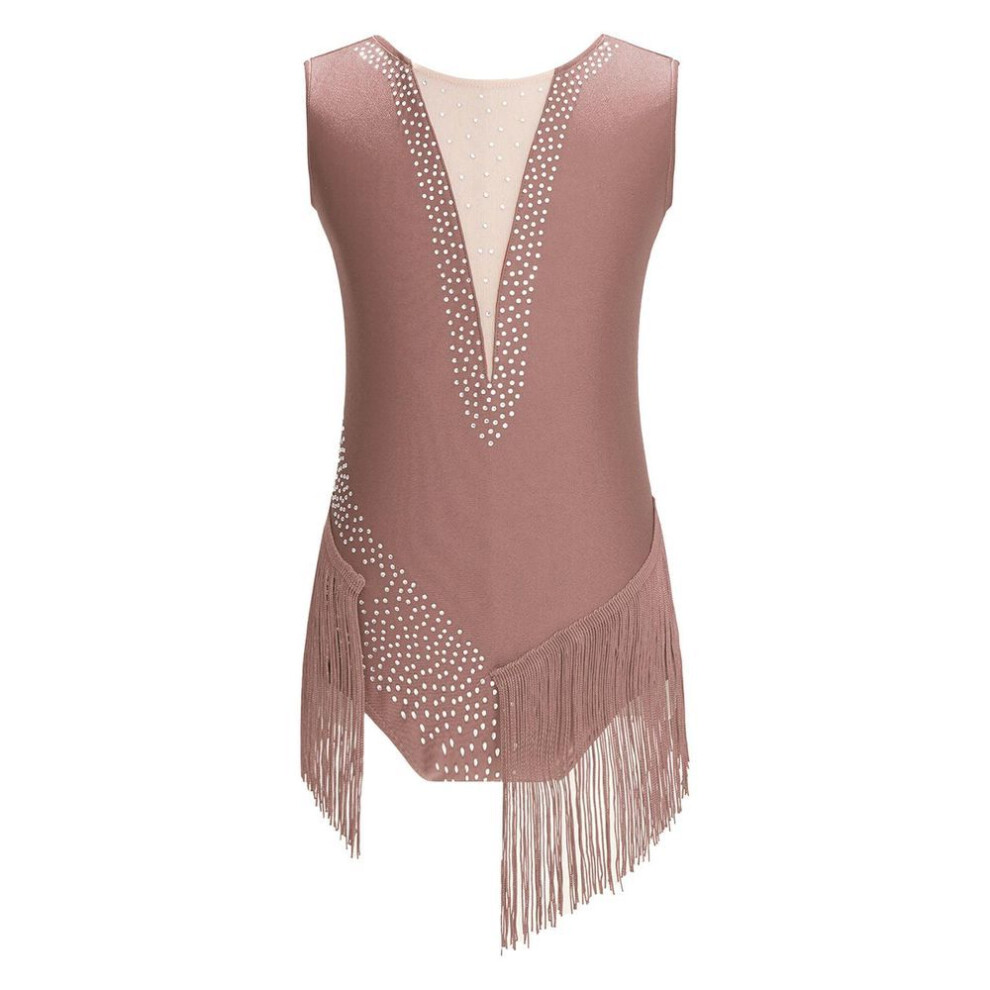 (mountbatten pink, 13-14 Years) Girls Figure Skating Leotard Sleeveless Fringed Bodysuit With Shiny Rhinestones