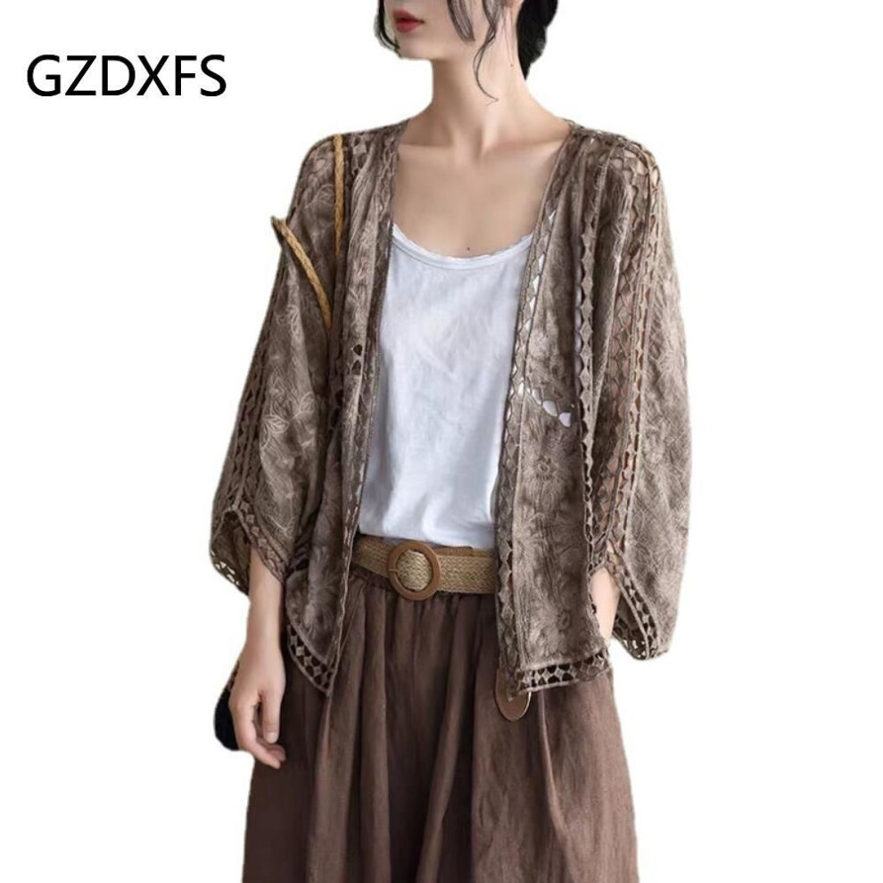 (One size, as the picture) Dx- Ms64-spring And Summer Cotton Embroidery Lace Cardigan Short Bat Sleeve Loose Shawl 7 Split Sleeve Air Conditioner Sunscreen Clothes Cover Female