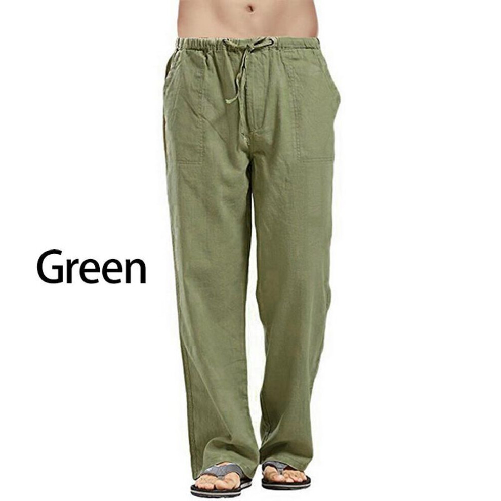 (green, XL) Mens Nature Cotton Linen Trousers Summer Pants 5xl Casual Male Solid Elastic Waist Straight Loose Pants